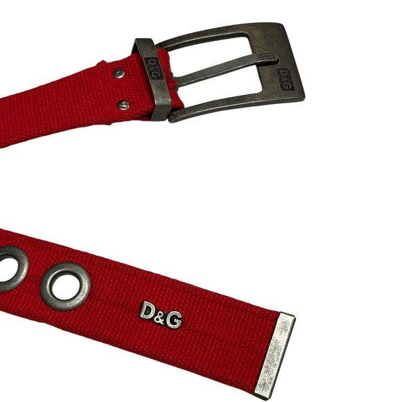 Y2K VTG Dolce & Gabbana Red Canvas Grommet Belt D&G Logo 27-34” Waist Grunge - Picture 8 of 8